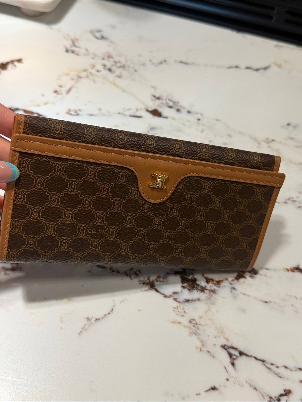 CELINE Monogram Wallet with Tan Leather Trim